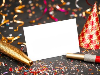 Blank card with festive party decorations, confetti, and hat