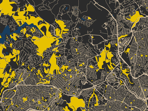 Flat city map of Contagem, Brazil in dark map with yellow accents