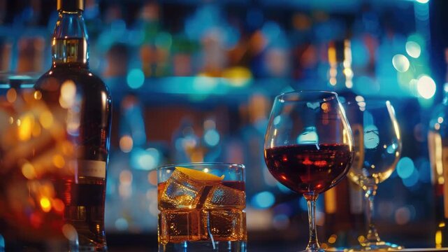 Lit bar counter with cocktails and wine
