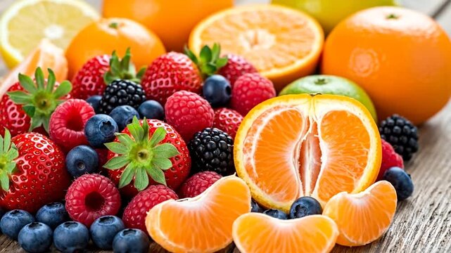 Burst of Vitamin: A vibrant assortment of colorful berries and citrus fruits, bursting with freshness and nutritional goodness, arranged enticingly.