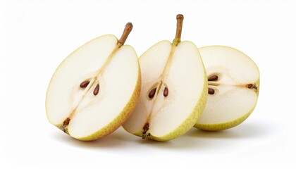 Three Freshly Sliced Pears Displaying Their Internal Structure, Seeds, and Stems on a Clean White Background