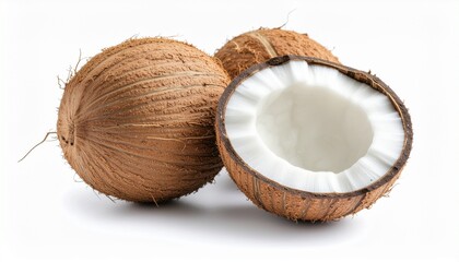 Two Whole Brown Coconuts and One Split Half Revealing the Fresh White Meat Inside on a White Background