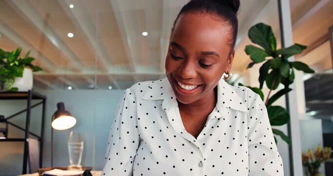 Hiring, video call or face of black woman in office, online interview or listen to question response. Laugh, pov or friendly hr agent with discussion for talent sourcing, virtual meeting or low angle