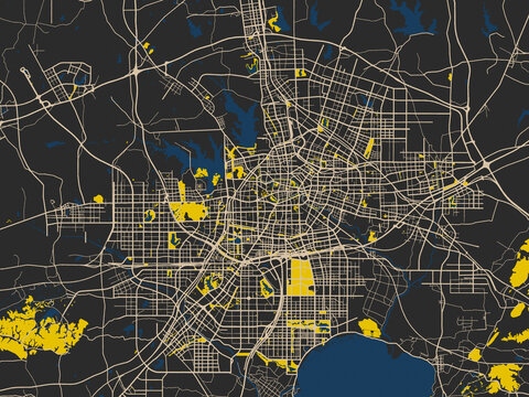 Flat city map of CHI, Hefei in dark map with yellow accents