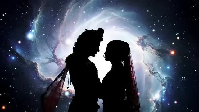 Couple silhouette in front of galaxy.