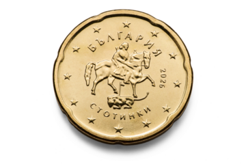 20 Euro Cent Coin Bulgaria stotinki 2026, macro isolated on transparent background