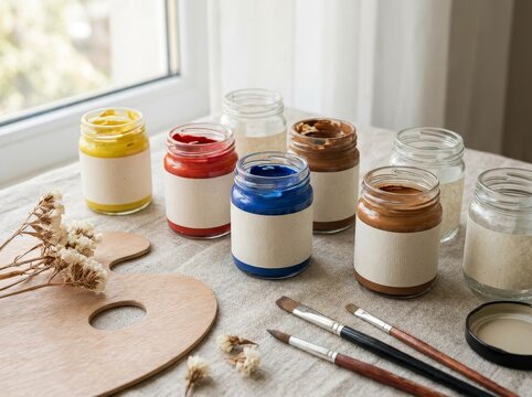 Art supplies with jars of paint and brushes on a table