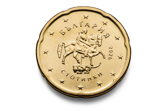 20 Euro Cent Coin Bulgaria stotinki 2026, macro isolated on transparent background