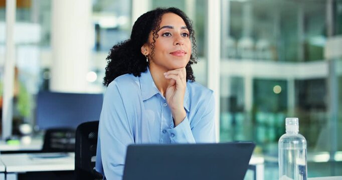 Media agency, thinking and woman in office, laptop and planning for submission. Person, copywriting and employee in workplace, pc and research for news report, decision and ideas for creative project