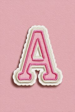 Decorazione personalizzata con una toppa ricamata a forma di "A", in stampatello maiuscolo, rosa con contorno ondulato bianco. Ideale per capi di abbigliamento femminili.