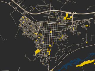 Flat city map of Melipilla, Chile in charcoal, ivory and ink-blue tones