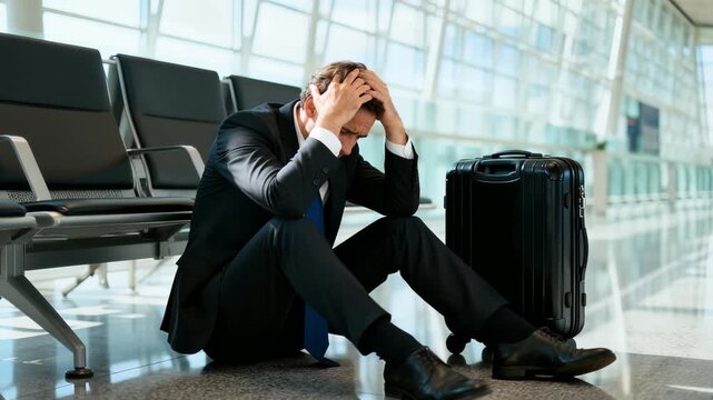 entrepreneur shows fatigue while waiting at airport terminal seat