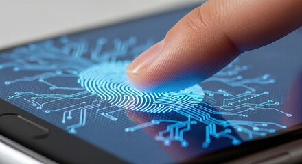 Finger scanning a digital fingerprint on a smartphone screen, unlocking device with biometric authentication for secure access and data protection.