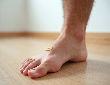 Close up view of man foot with a plantar wart treatment patch. This shows a skin condition, a verruca on the sole requiring medical attention.