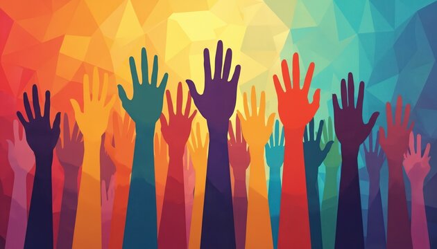 Many colorful human hands raised up in participation against abstract geometric background. Diverse group shows unity, support, community spirit and togetherness.