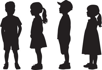 Silhouettes of four children standing in profile and front view
