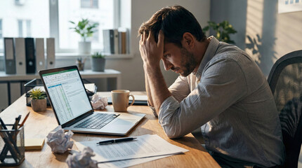 businessman working on laptop stressed