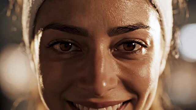 Close-up of a determined woman with a headband, eyes closed, then opening, and finally smiling after a workout.