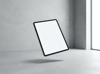 Blank tablet screen floating in modern concrete space