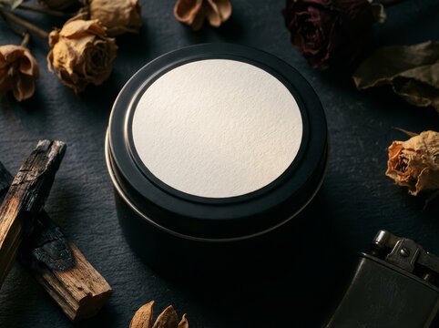 Blank tin container with dried flowers and herbs