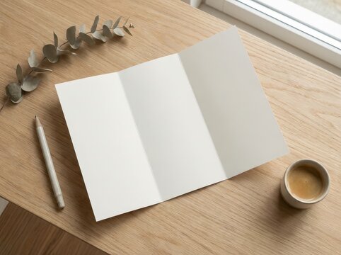 Blank tri fold brochure on a wooden desk with coffee