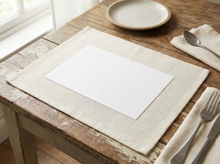 Blank white card on linen placemat at wooden table