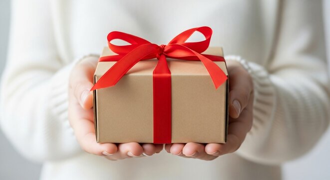 Hands gently holding a beautifully wrapped gift box with a bright red ribbon, symbolizing celebration and generosity