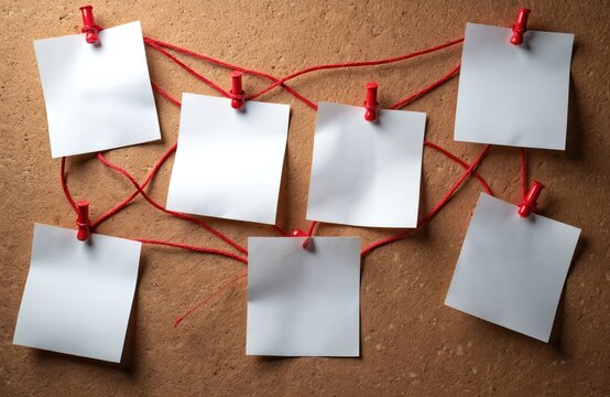 Blank notes on cork board connected by red string forming web. Concept for investigation or planning with copy space. Organize ideas and clues visually.