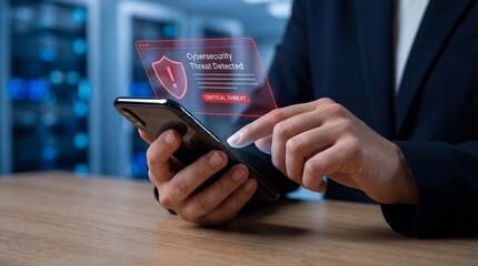 Male hand using smartphone with cybersecurity threat detected alert