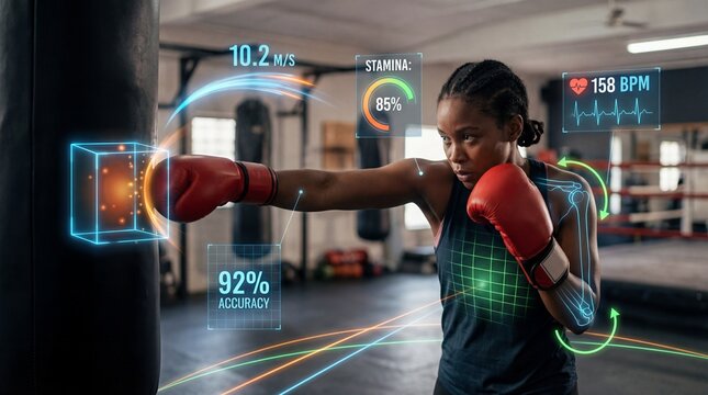 Young african female boxer training with digital metrics overlay in gym - Powered by Adobe
