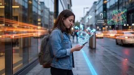 Young caucasian female navigating city with augmented reality directions on smartphone