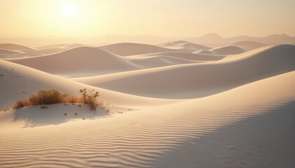 Vast white sand dunes stretch to the horizon under a soft golden sky. Gentle waves of sand show rippled textures from wind. Sparse desert plants grow on a dune.