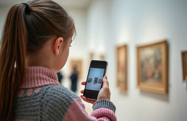 Young girl uses phone app in art gallery. Child explores museum paintings using mobile device. Future tech enhances cultural education and interactive learning experience.