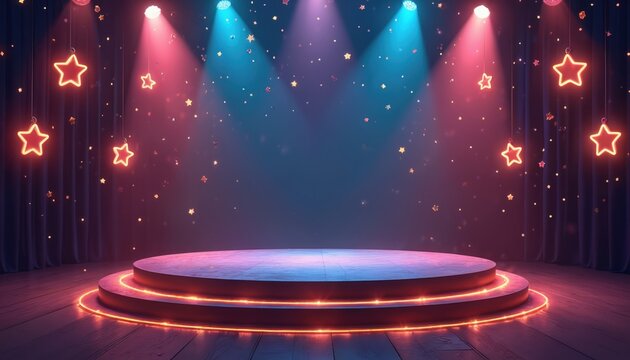 Empty stage with spotlight and star lights, ideal for performance or award events. Ready for award ceremony, talent show, or concert presentation with space for text.