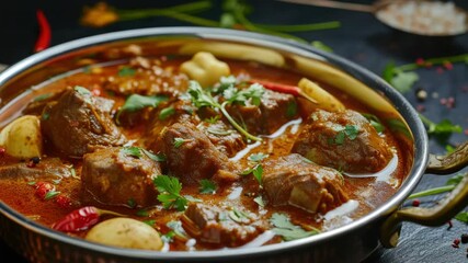 A mouthwatering beef curry dish with succulent pieces of meat in a rich sauce with aromatic herbs and spices. Perfect for dinner or sharing at family gatherings.
