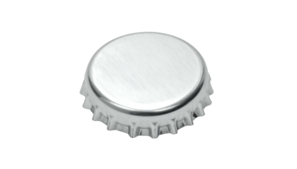 A shiny, metallic bottle cap sits on a black background, with visible ridges and subtle texture
