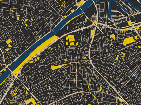 Minimalist map of Colombes, France, dark map with yellow accents
