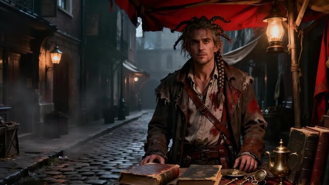 Weathered merchant displaying antique items on Victorian street corner