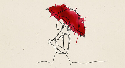 Elegant woman holding a red watercolor umbrella in a continuous line drawing on a textured background, evoking sophistication and artistic expression.