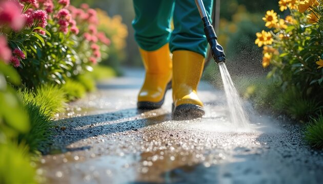 Person in yellow boots cleans garden path with water jet spray. Gardener washes pathway surrounded by green plants and colorful flowers. Outdoor yard work, house maintenance.