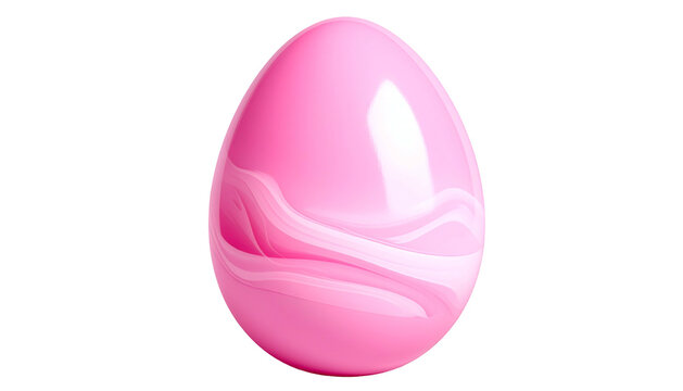 A glossy, pink Easter egg with white swirls against a black background