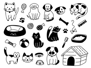 Set of Hand drawn pet animals and accessories in outline doodle style. Vector collection of cute pet illustration elements