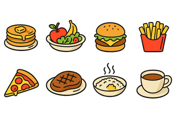 Food and beverage icon set in flat style. Delicious meal and drink icons collection