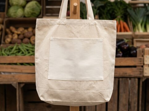 Canvas tote bag with pocket displays produce