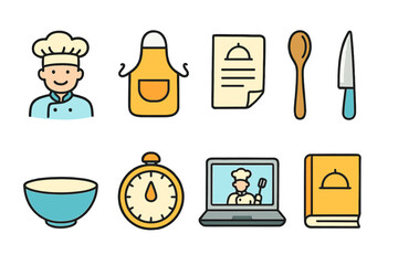 Cooking, kitchen flat icon set. Chef, recipe tools, cooking utensils icons collection