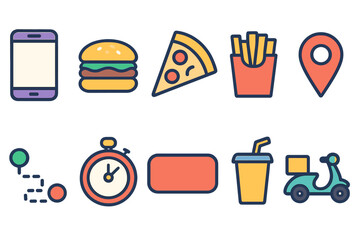 Food delivery service icon set. Flat icons for mobile apps and logistics solutions