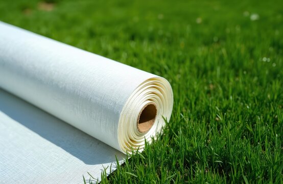 White geotextile roll lies on green grass. Material protects ground, prevents weeds. Used for construction, landscaping, garden projects. Durable woven fabric.
