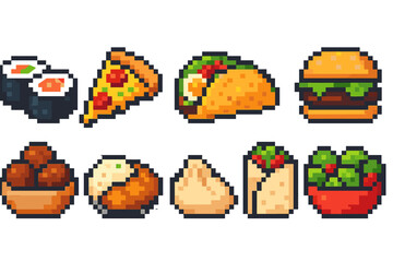 Food and drink pixel icon set. Delicious cuisine pixel art style symbols collection