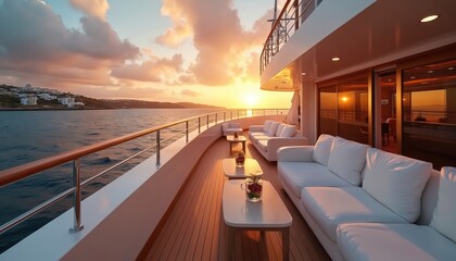 Fototapeta premium Luxury yacht deck at sunset sea view. White sofas, modern tables, coastal town hill. Calm water reflects golden sky warm light. Elegant cruise vacation relax ambiance.