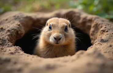 Cute prairie dog peeks from dirt burrow opening. Small rodent with brown fur sits alertly, its whiskers spread wide. Animal looks out of hole, curious gaze at camera.